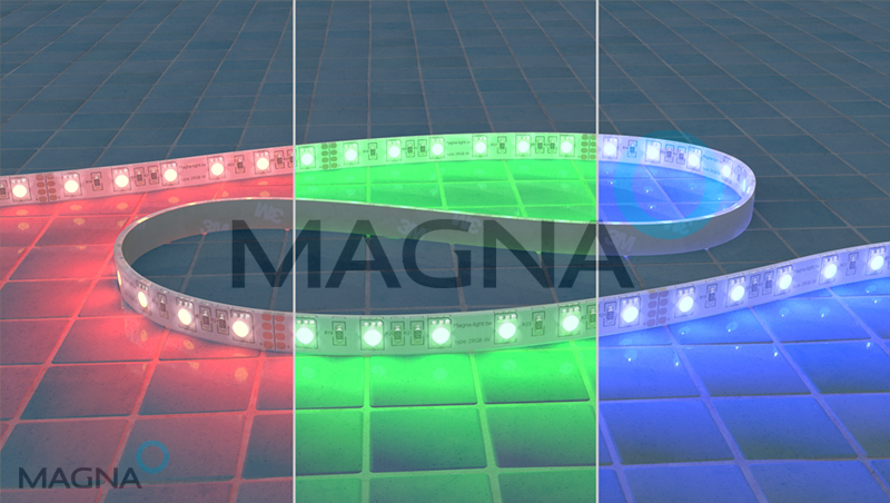 Влагозащищиенная светодиодная лента Magna Magna 2RGB IP67 включенная